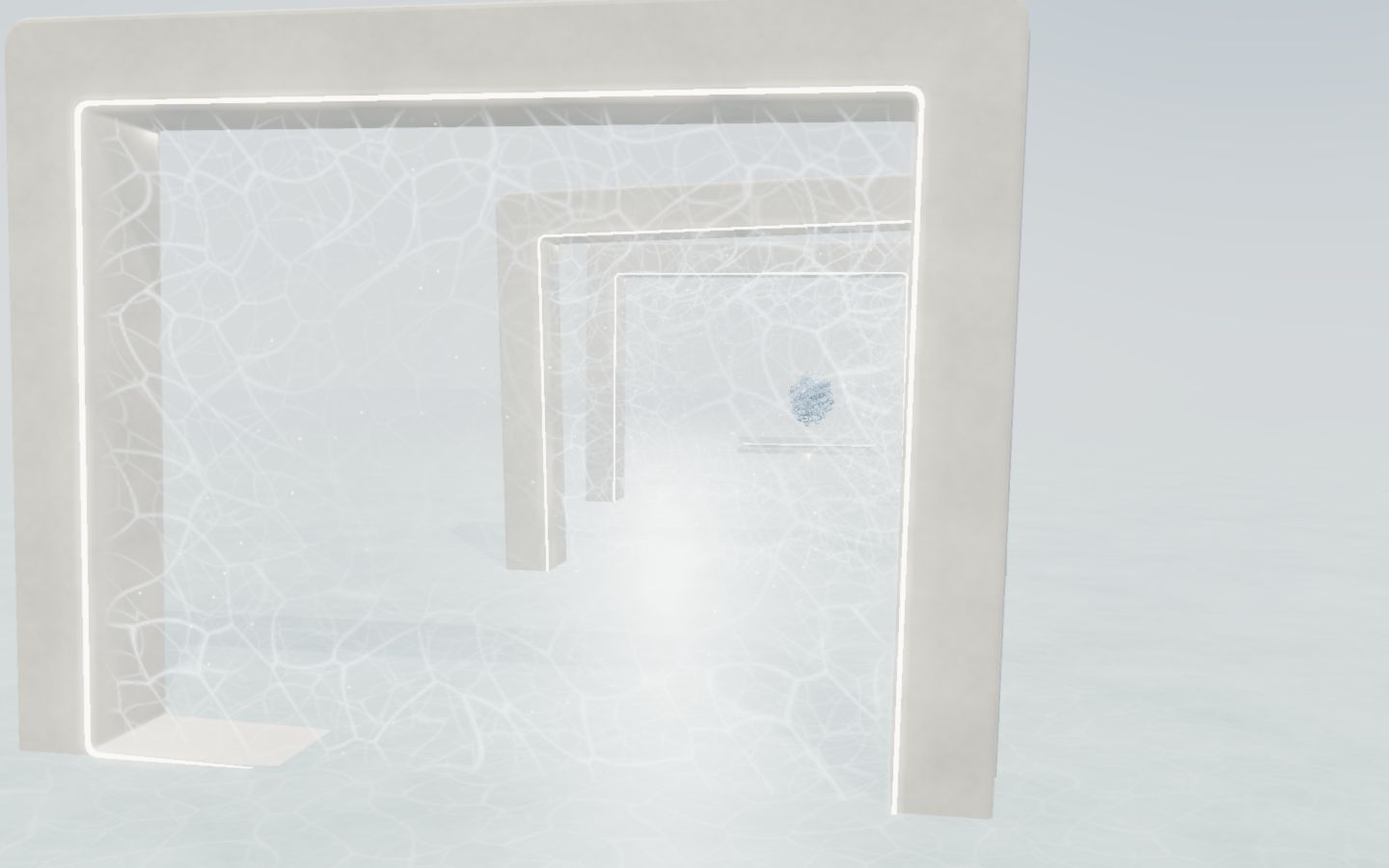 Sculpted rectangular frames open into a softly lit architectural gallery.
